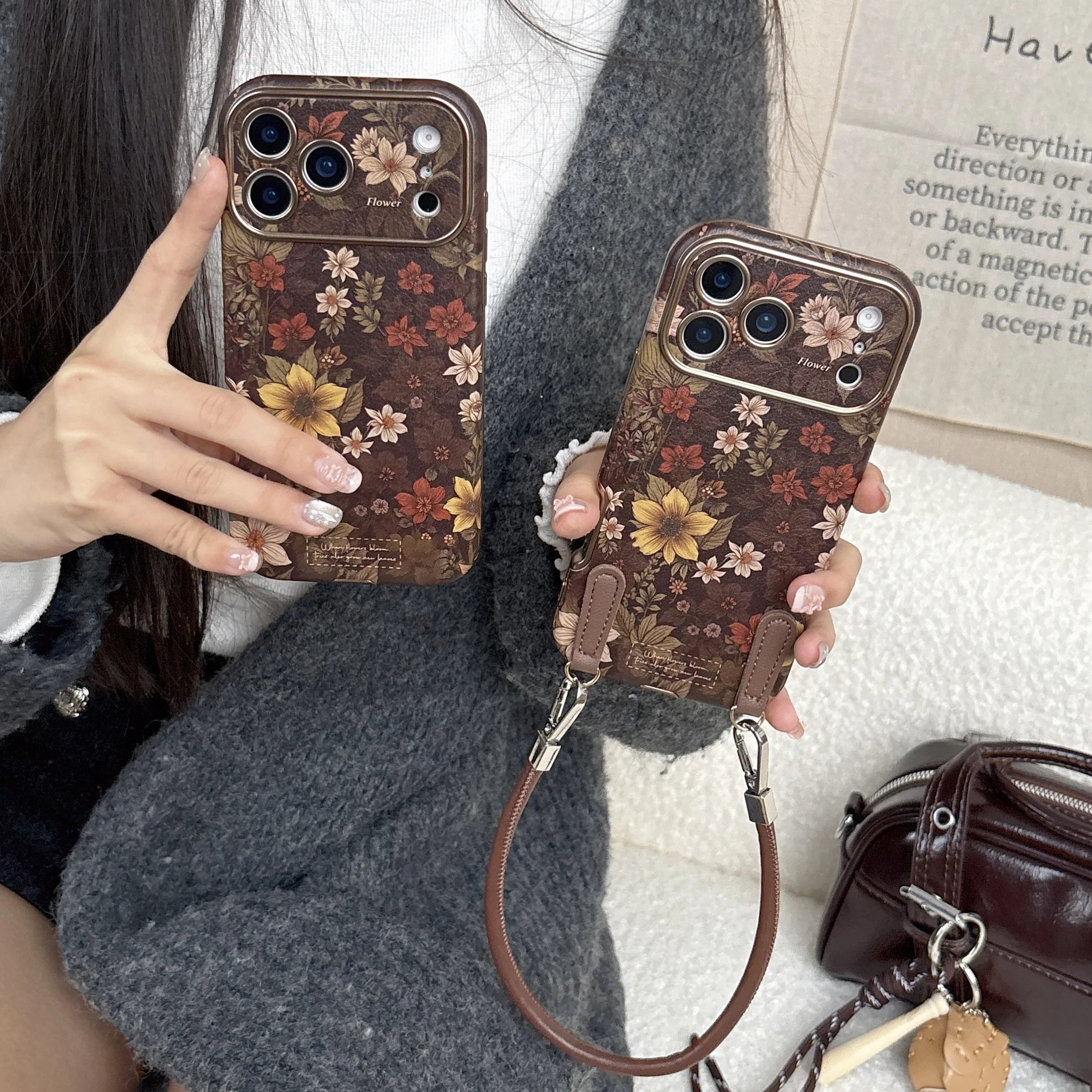 Korean Ins Full Screen Retro Vibrant Flower Leather Wrist Strap Phone Case