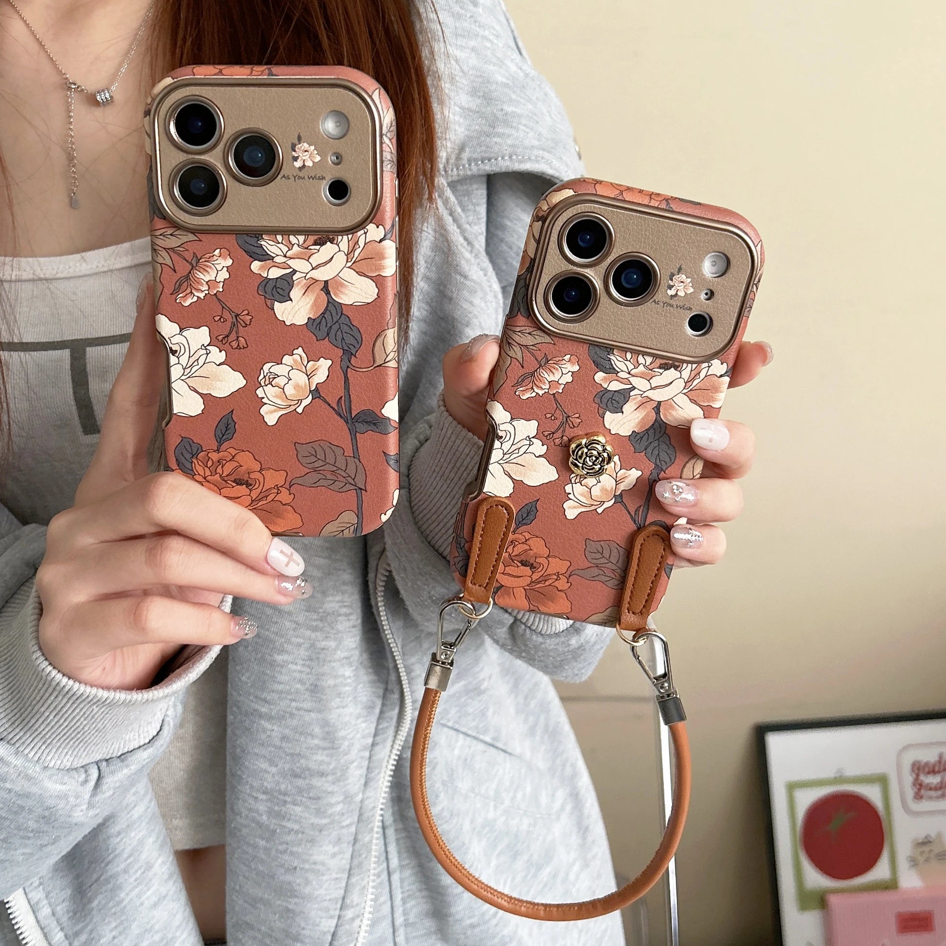 Retro oil painting floral phone case with elegant hanging rope