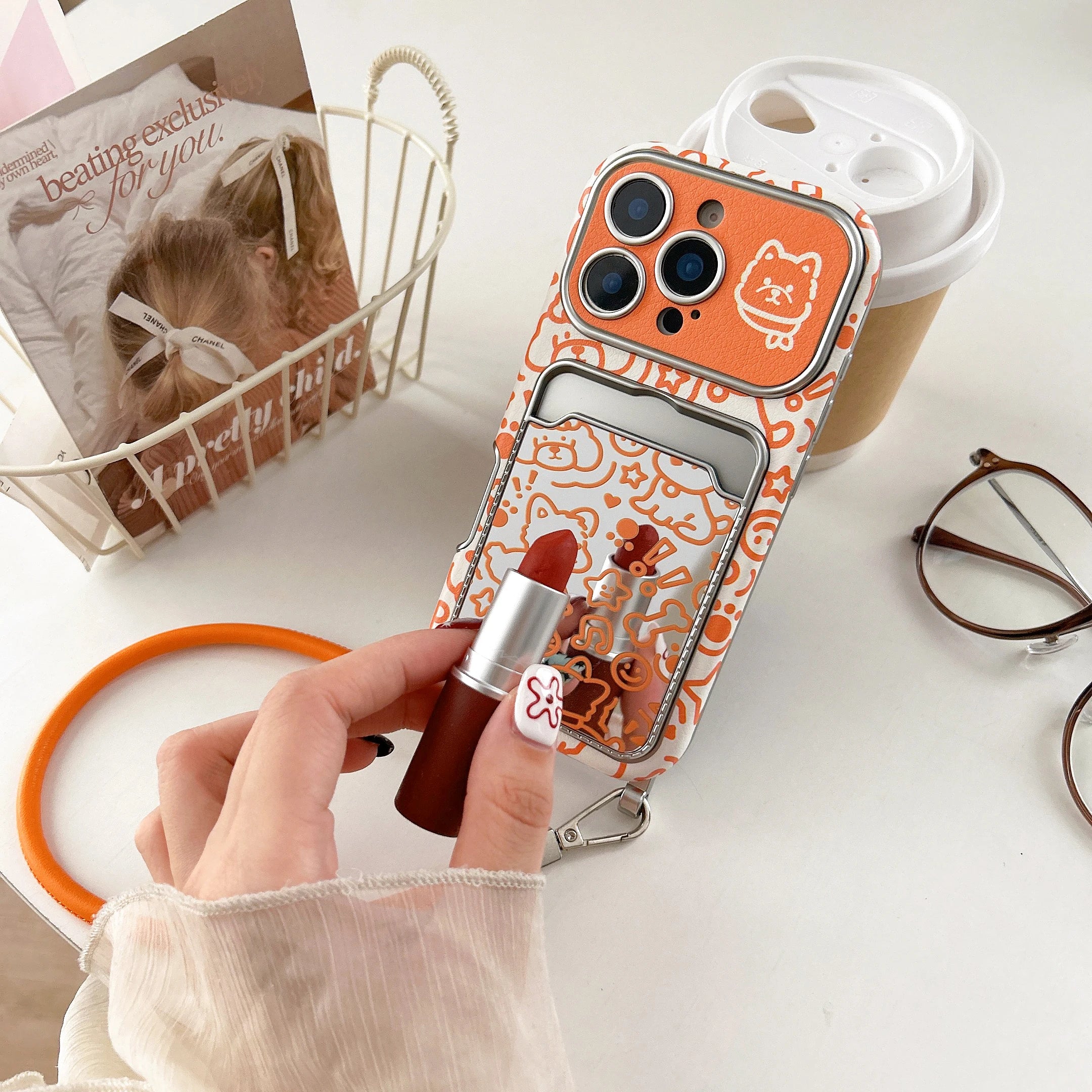 3D Cute Puppy Line with Mirror Hanging Rope Phone Case Suitable