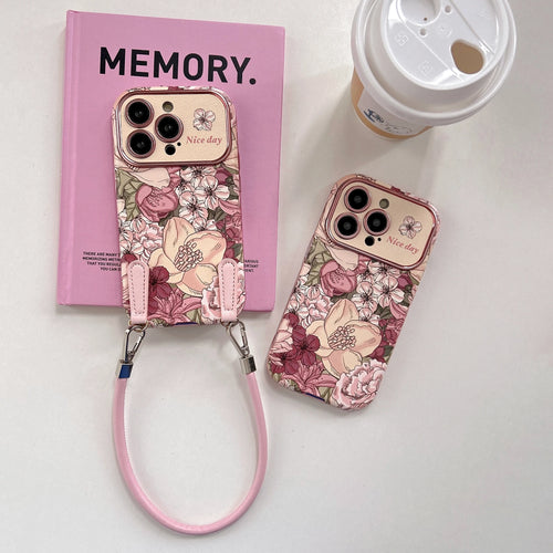 Case Retro Oil Painting Flowers Phone Cover With Strap﻿﻿﻿﻿