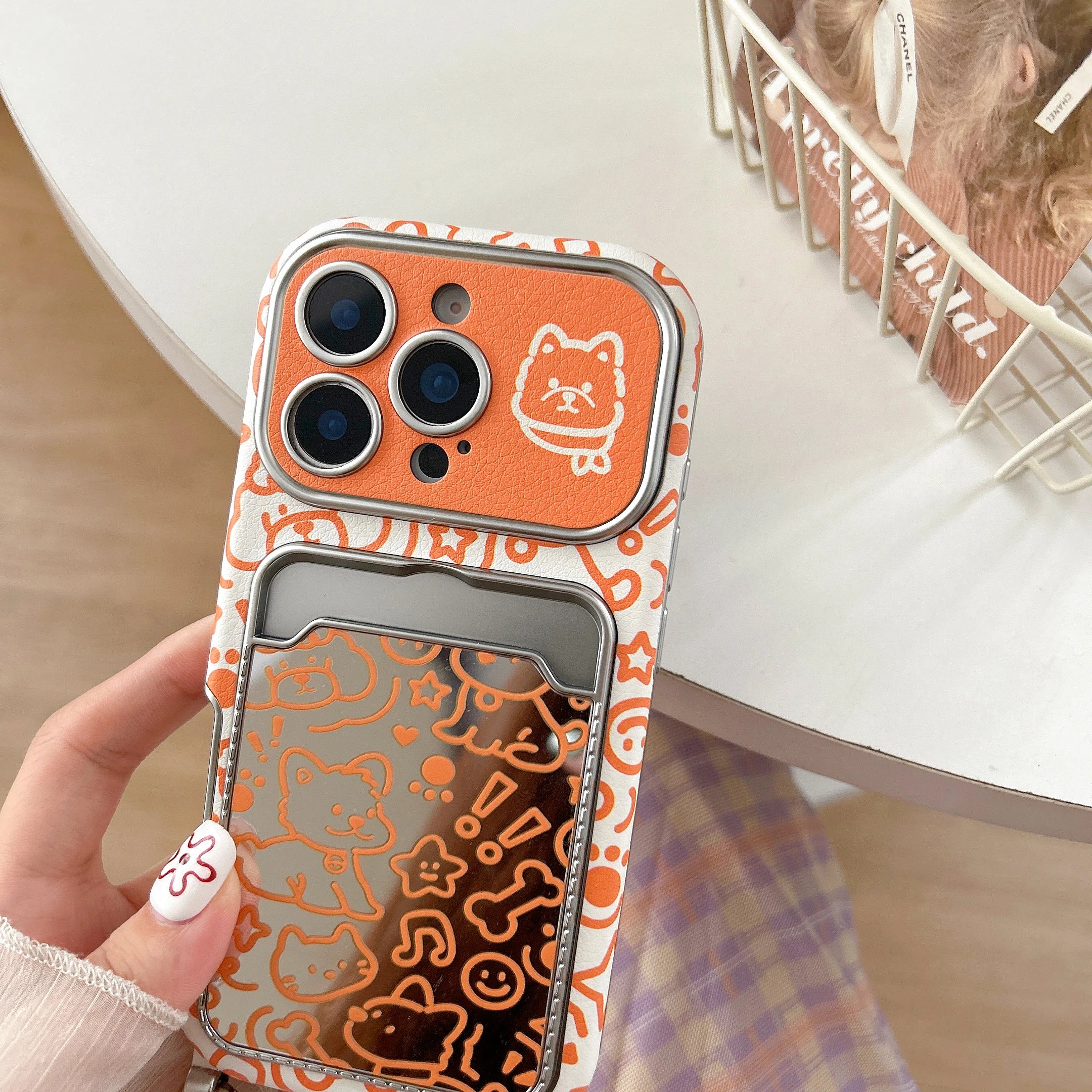 3D Cute Puppy Line with Mirror Hanging Rope Phone Case Suitable