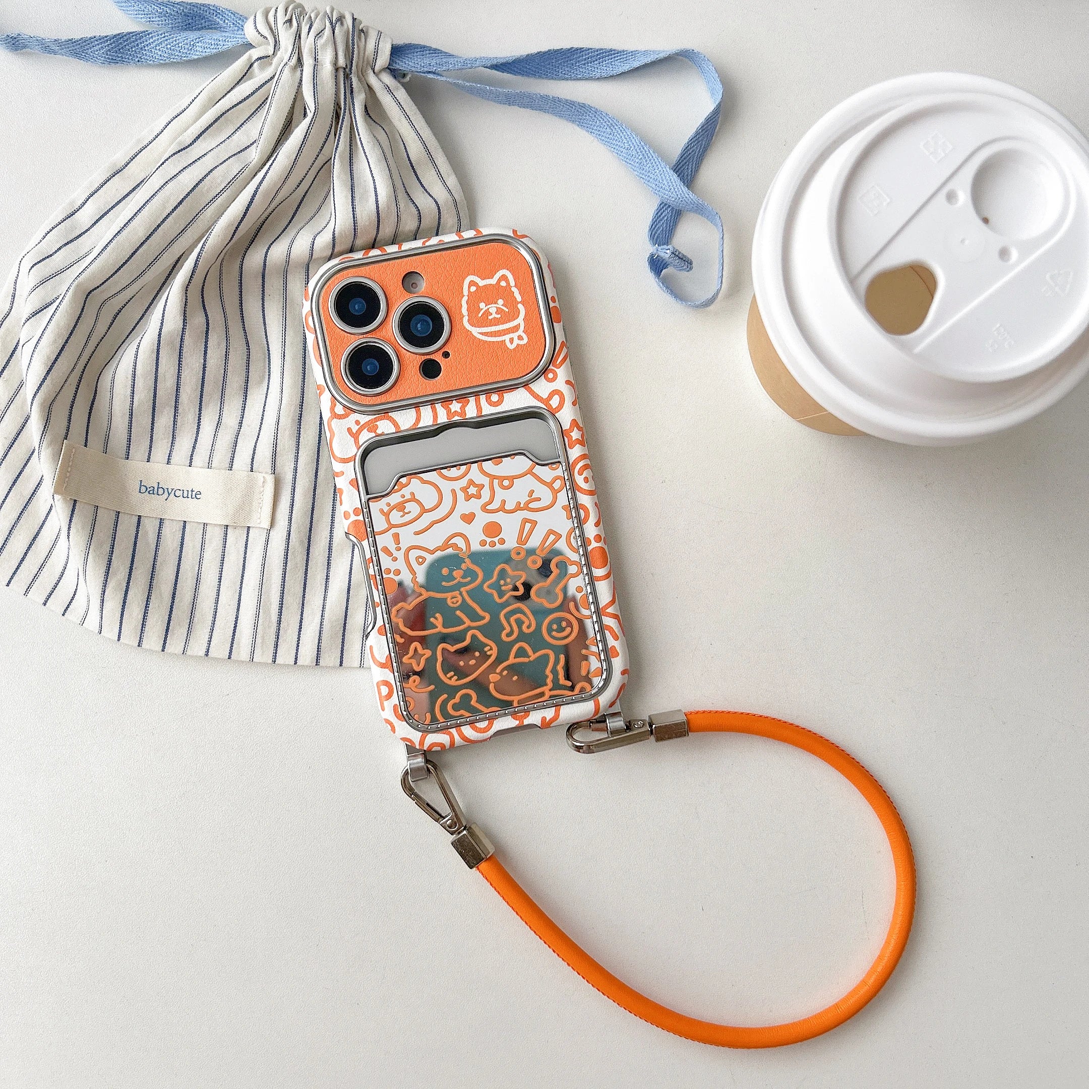 3D Cute Puppy Line with Mirror Hanging Rope Phone Case Suitable