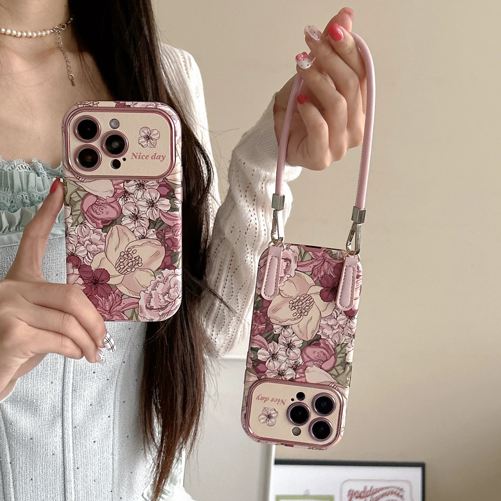 Case Retro Oil Painting Flowers Phone Cover With Strap﻿﻿﻿﻿