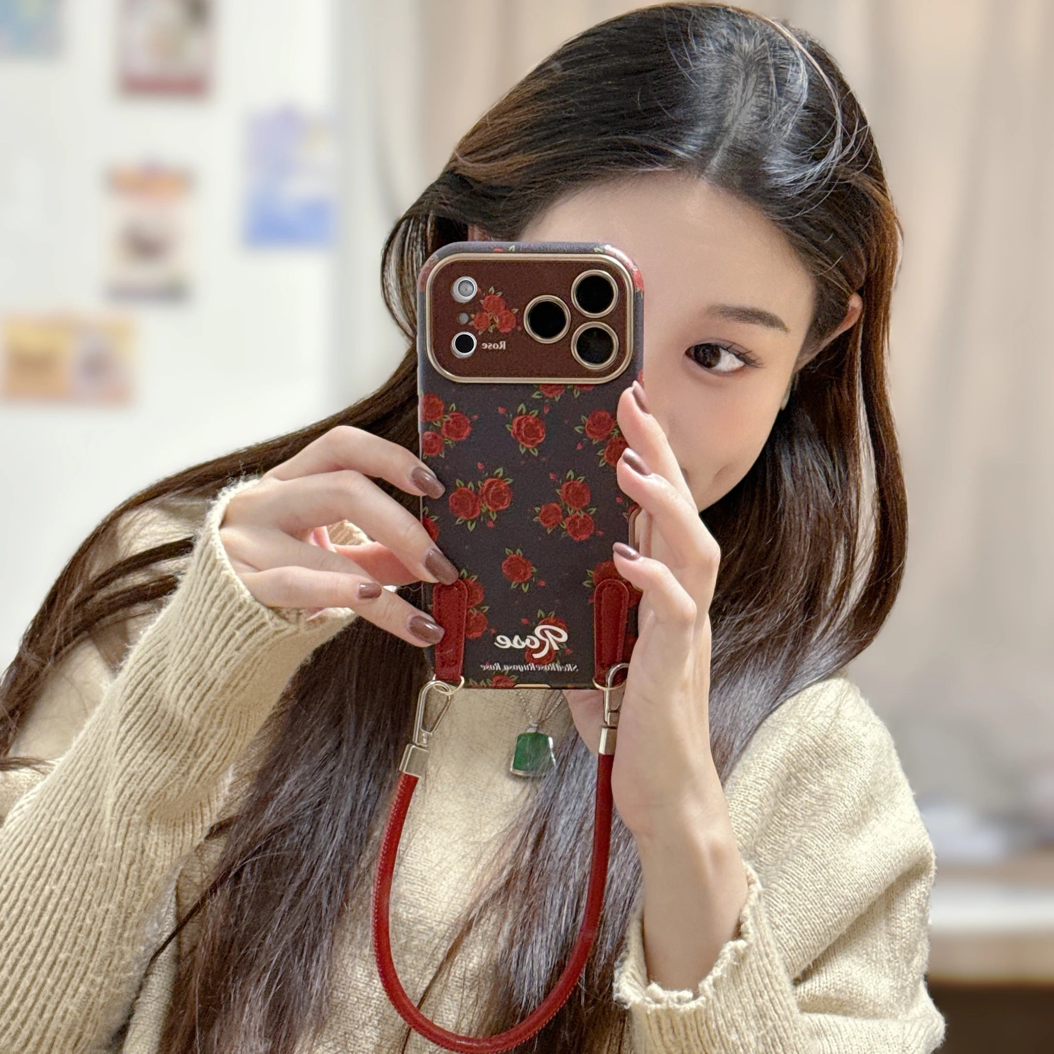 Fashionable red rose with lanyard phone case suitable