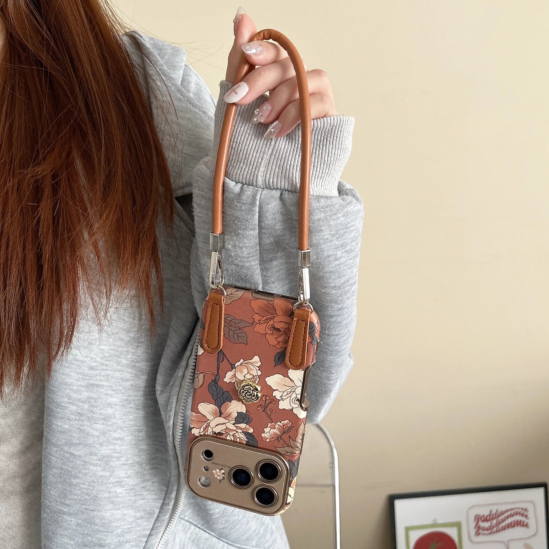 Retro oil painting floral phone case with elegant hanging rope