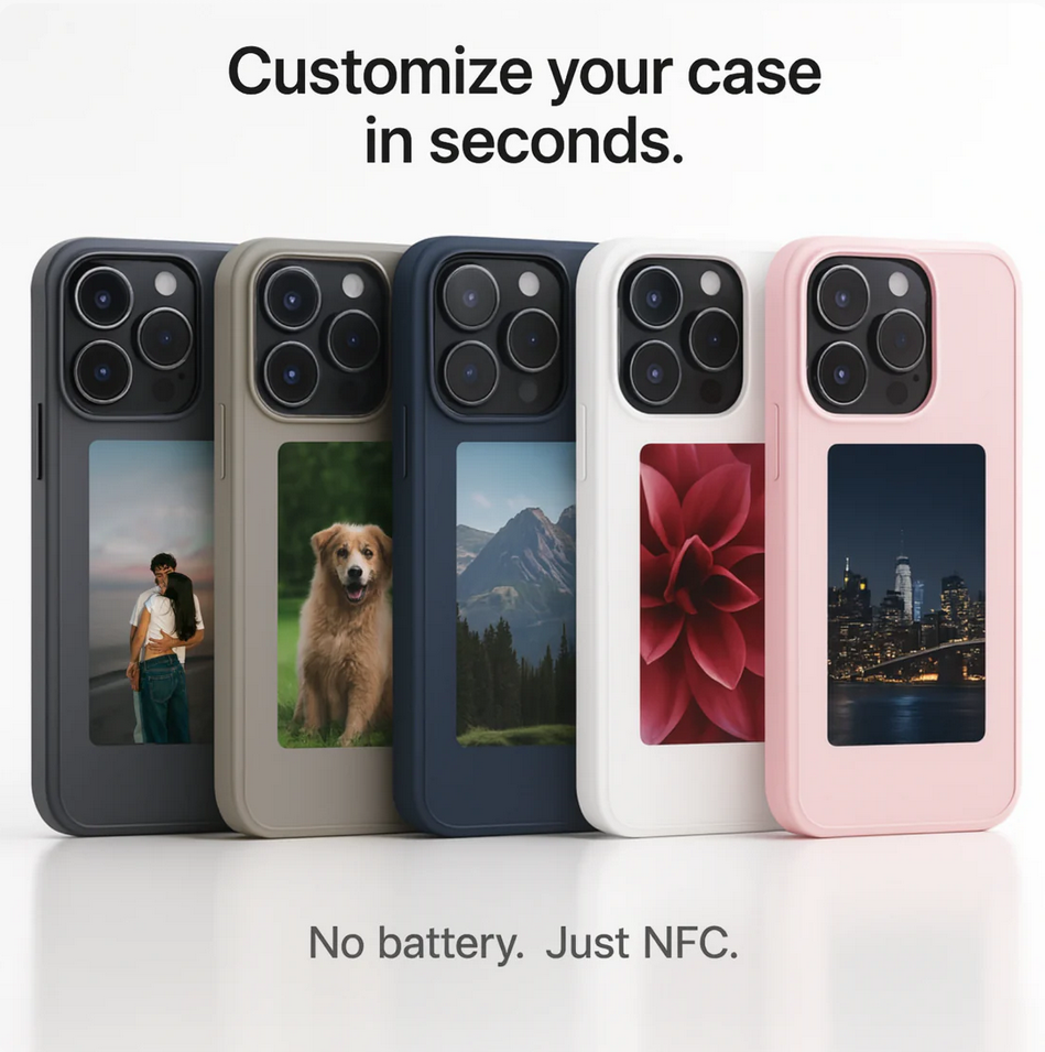 NFC smart phone case with square e-ink display showing customizable design