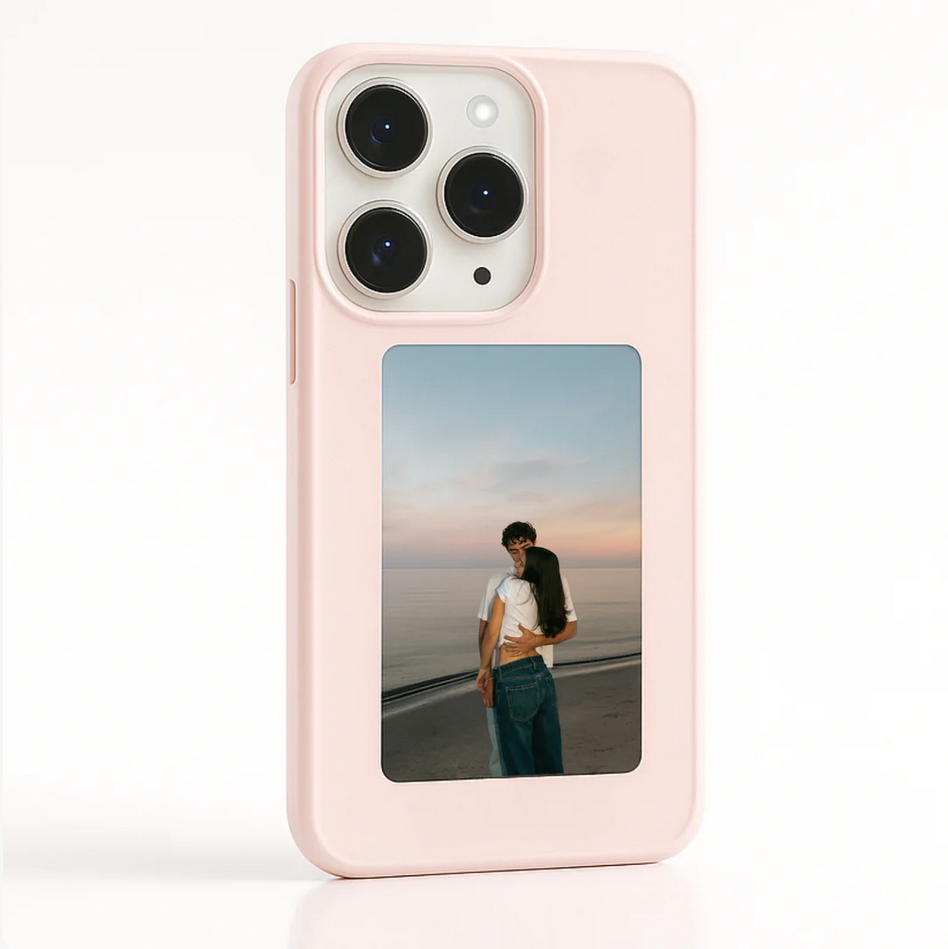 Pink NFC phone case with AI-powered e-ink screen
